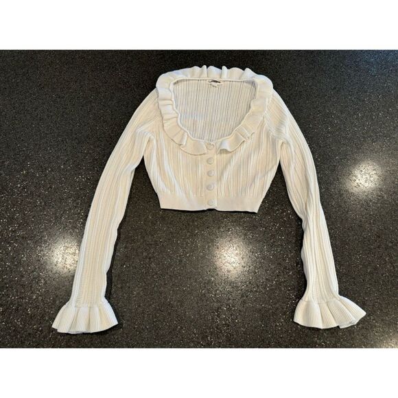 For Love And Lemons Sweaters - For Love & Lemons White Lena Cropped Long Sleeved Cardigan Sweater Med